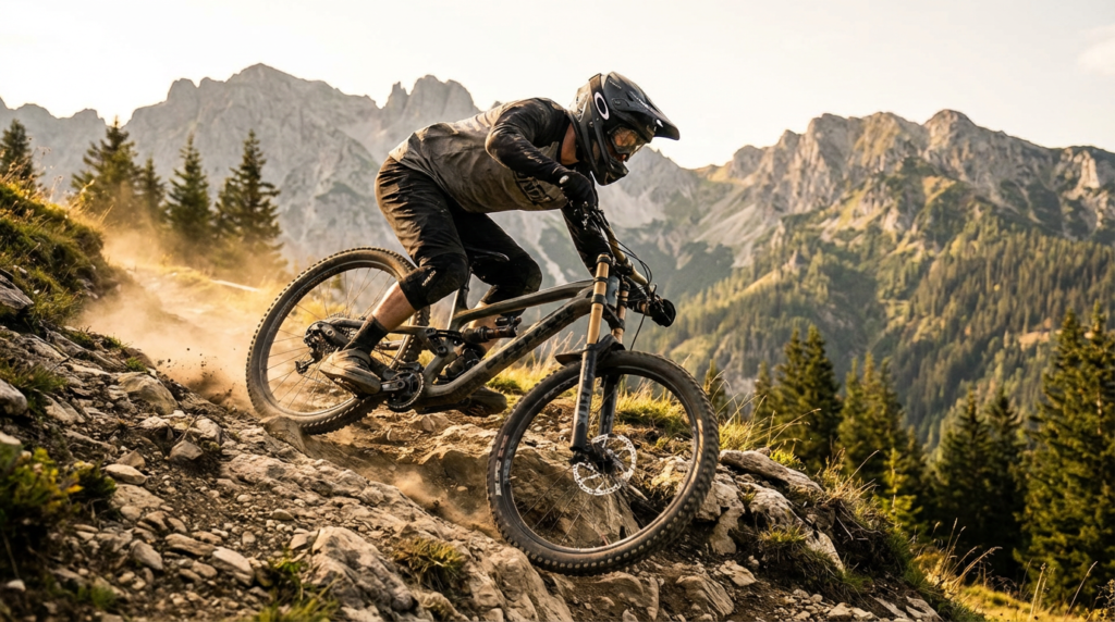 Mountain biker riding a downhill bike down a steep rocky slope in the Austrian Alps, kicking up dust, wearing full-face helmet and protective gear, under warm afternoon light.