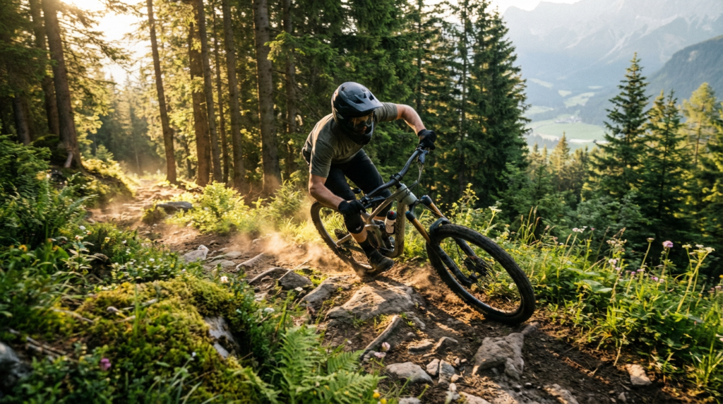 Mountain biker riding an enduro bike on a flowing alpine trail in Austria, surrounded by green forest and rocks, leaning into a turn under morning sunlight.