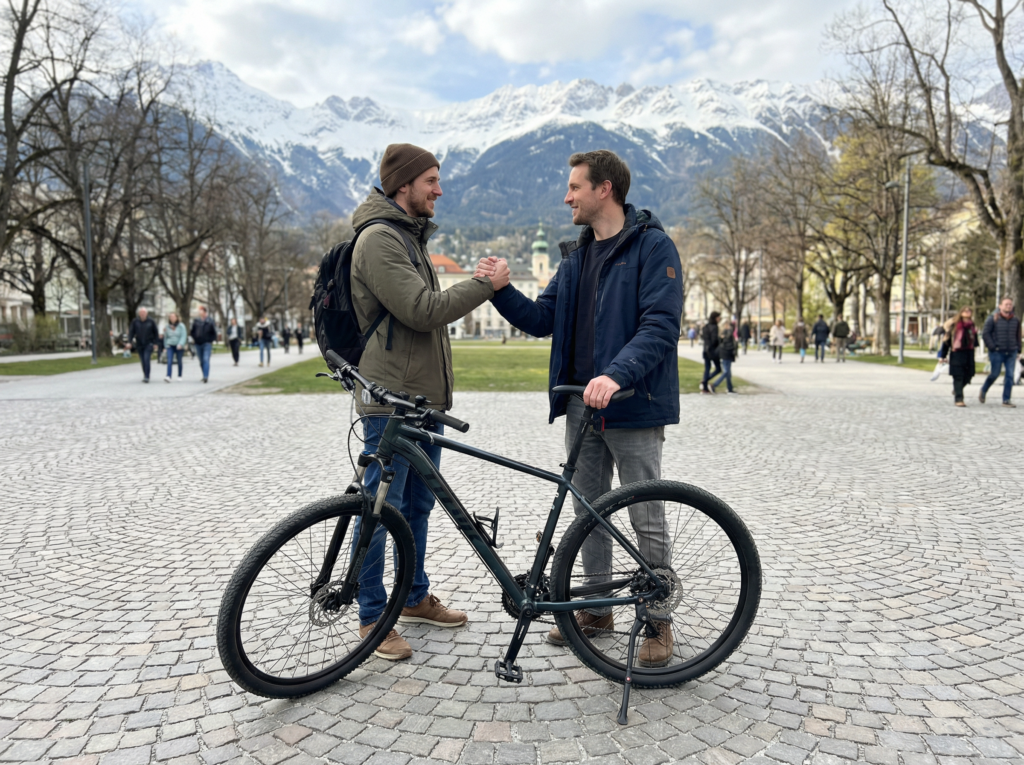 Privater Fahrradverkauf in Österreich: Käufer und Verkäufer treffen sich zur Übergabe eines Fahrrads