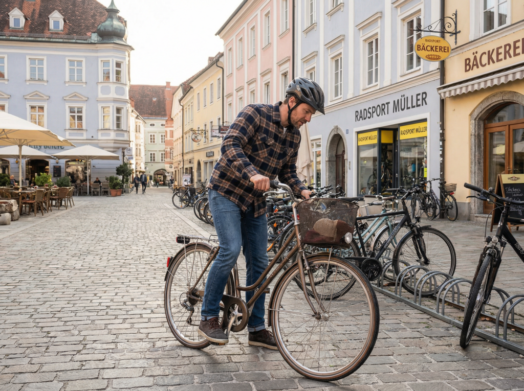 Person macht Testfahrt mit einem gebrauchten Fahrrad in Österreich