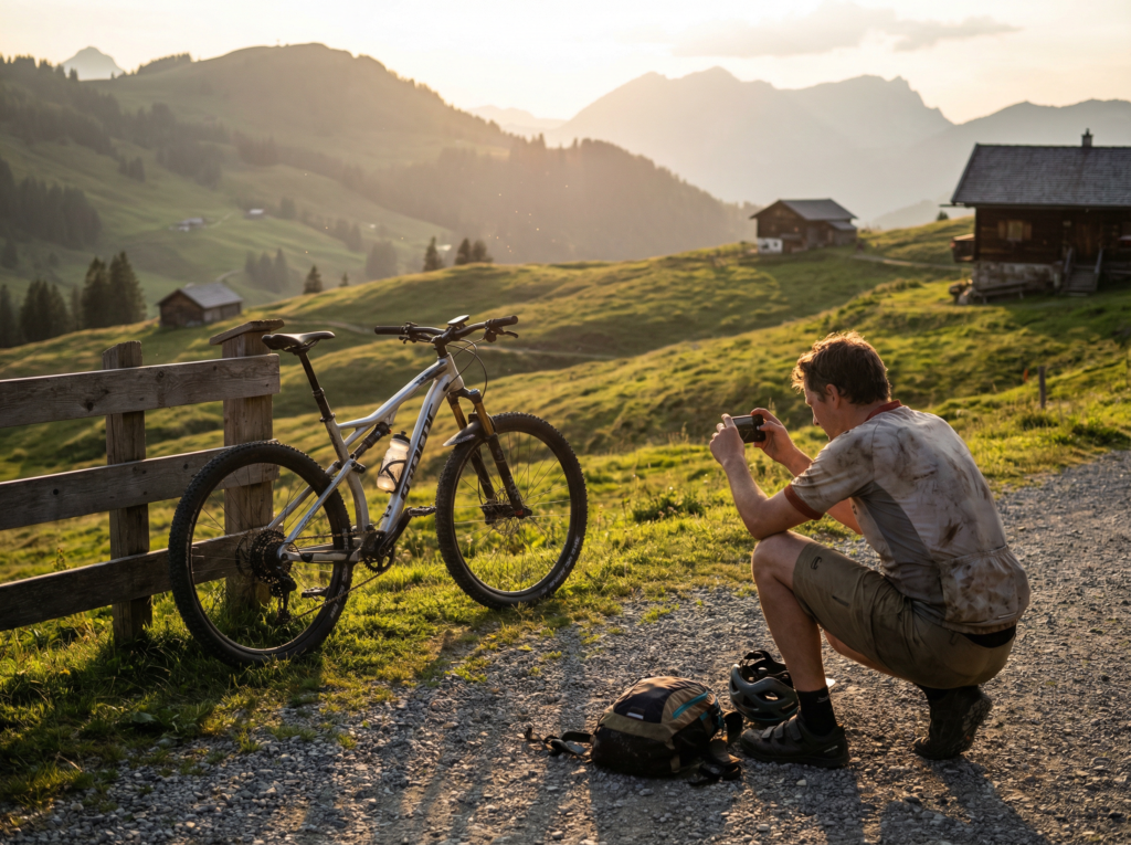 Mann fotografiert ein Fahrrad mit dem Smartphone, um es in Österreich zu verkaufen
