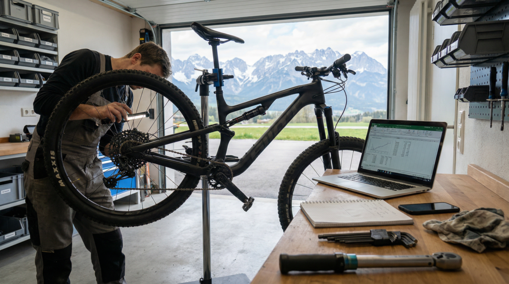 Mountainbike Wert berechnen in Österreich – Fahrradprüfung in Garage mit Laptop und Alpenblick