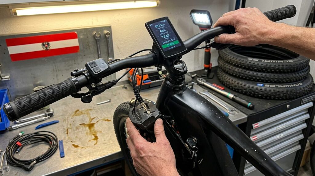 Warum ein gebrauchtes E-Bike eine gute Wahl sein kann Hände überprüfen Akku und Motor eines gebrauchten E-Bikes in einer Garage in Österreich, Display eingeschaltet, Bauteile klar sichtbar.“