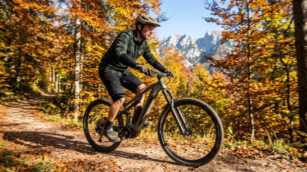 Warum ein gebrauchtes E-Bike eine gute Wahl sein kann Person macht eine Probefahrt mit einem gebrauchten E-Bike auf einem österreichischen Waldweg, testet Motor und Bremsen, herbstliche Farben, sonniges Wetter