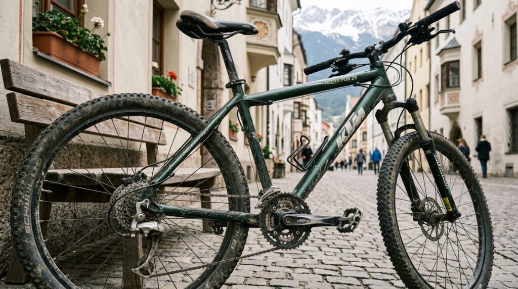 Neues oder gebrauchtes Fahrrad kaufen? Nahaufnahme eines gebrauchten Fahrrads mit Rahmen und Komponenten in Österreich.