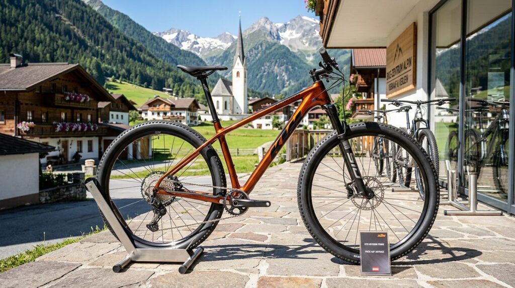 Neues oder gebrauchtes Fahrrad kaufen? Neues Fahrrad wird draußen in einem österreichischen Dorf präsentiert.