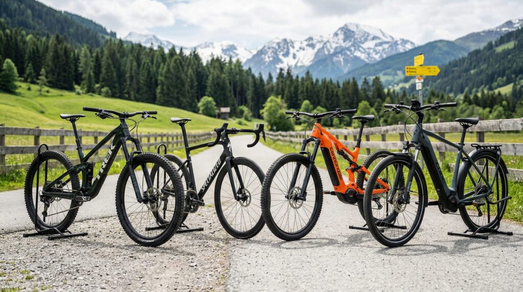 erschiedene Fahrradmarken in Österreich – Mountainbikes, Rennräder und E-Bikes nebeneinander