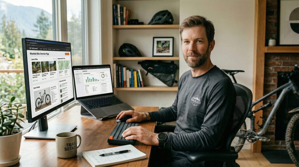 Gebrauchtes Mountainbike kaufen – Der komplette Guide für Österreich Person sucht online nach einem gebrauchten Mountainbike auf dem Laptop – MTB gebraucht kaufen in Österreich