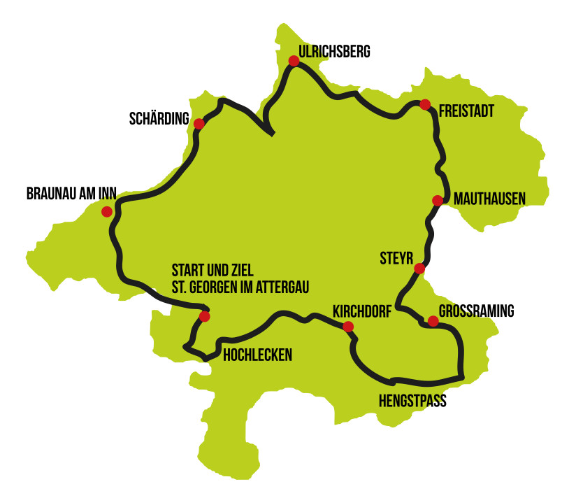 Strecke der Race Around Austria Challenge entlang der oberösterreichischen Landesgrenze
