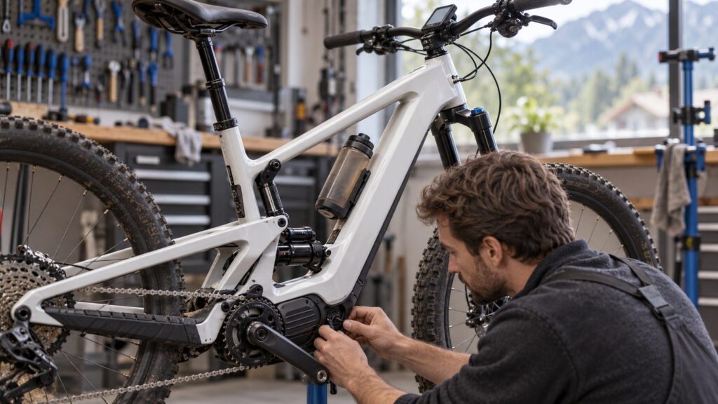 Person kontrolliert Motor, Akku und Elektronik eines gebrauchten E-Bikes