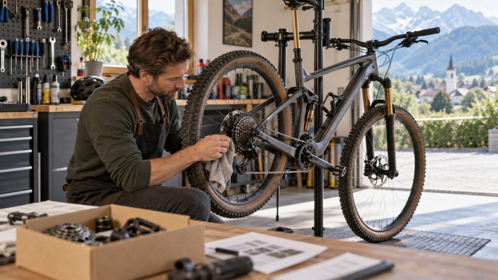 Gut gepflegtes Fahrrad bei Wartung und Service vor dem Verkauf