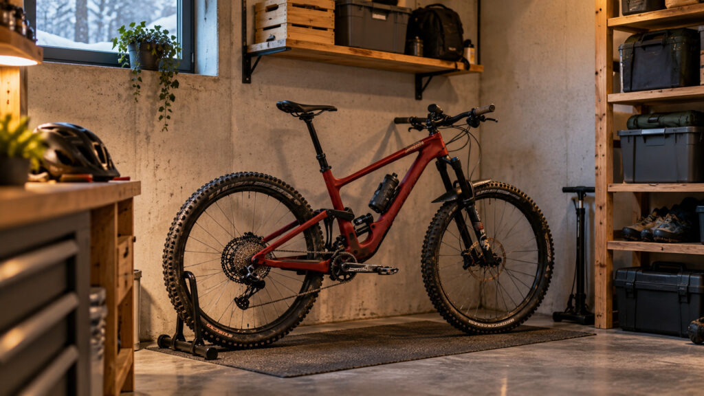 Fahrrad wird trocken und geschützt in einer Garage oder einem Keller über den Winter gelagert